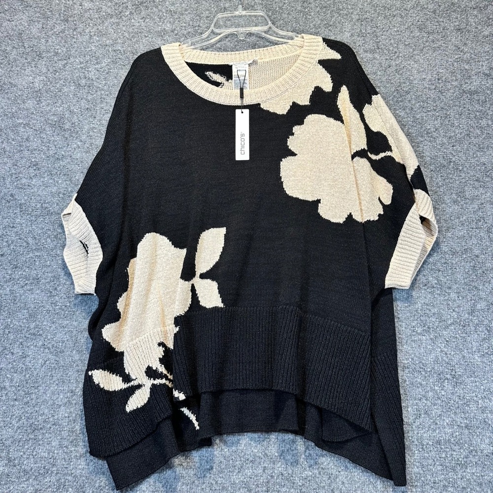 New Chicos Kansai Bloom Poncho Women OS Black Floral Knit Oversized Artistic Top